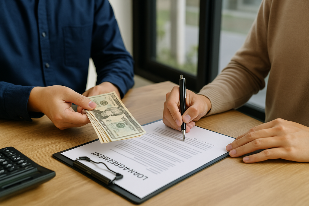 Entrega de dinero en efectivo y firma de un contrato de préstamo en una mesa, representando microcréditos y montos pequeños como forma de construir historial crediticio.