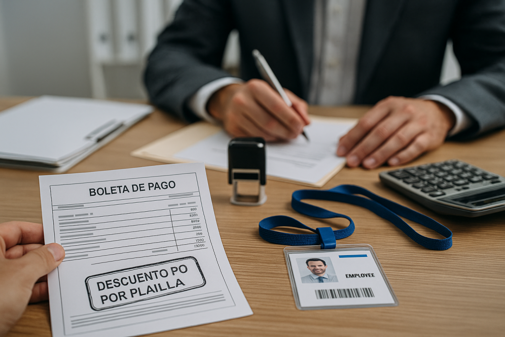 Bolera de pago y credencial de empleado sobre una mesa junto a un sello y calculadora, mientras se firma un acuerdo, representando préstamos por convenio con descuento por planilla en Perú.