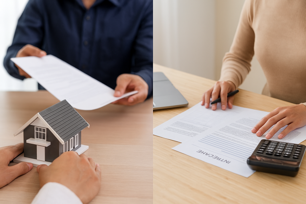 Comparación entre préstamos con garantía y sin garantía: a la izquierda documentos junto a una casa usada como colateral, a la derecha papeles y calculadora sin respaldo tangible, mostrando cómo cambia la probabilidad de aprobación.