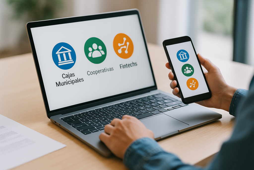 Persona usando laptop y smartphone que muestran iconos de cajas municipales, cooperativas y fintechs, representando opciones de financiamiento alternativas a los bancos.