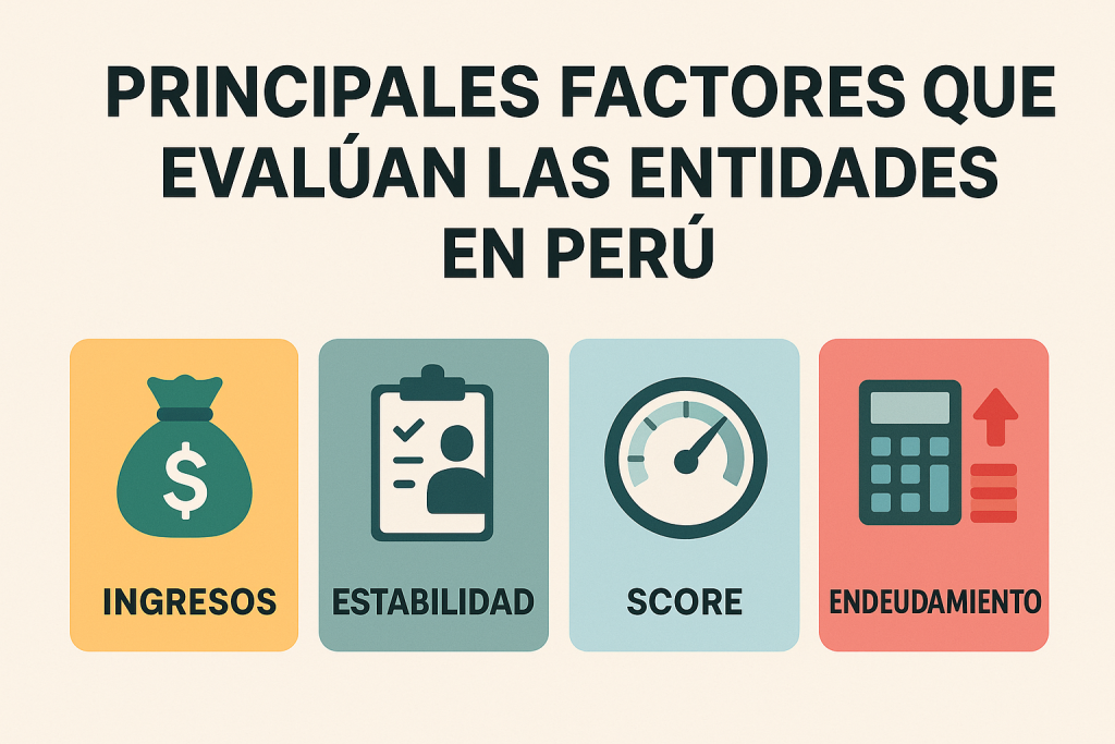 Infografía en español con iconos que representan ingresos, estabilidad, puntaje crediticio y nivel de endeudamiento, los principales factores que revisan las entidades financieras en Perú.