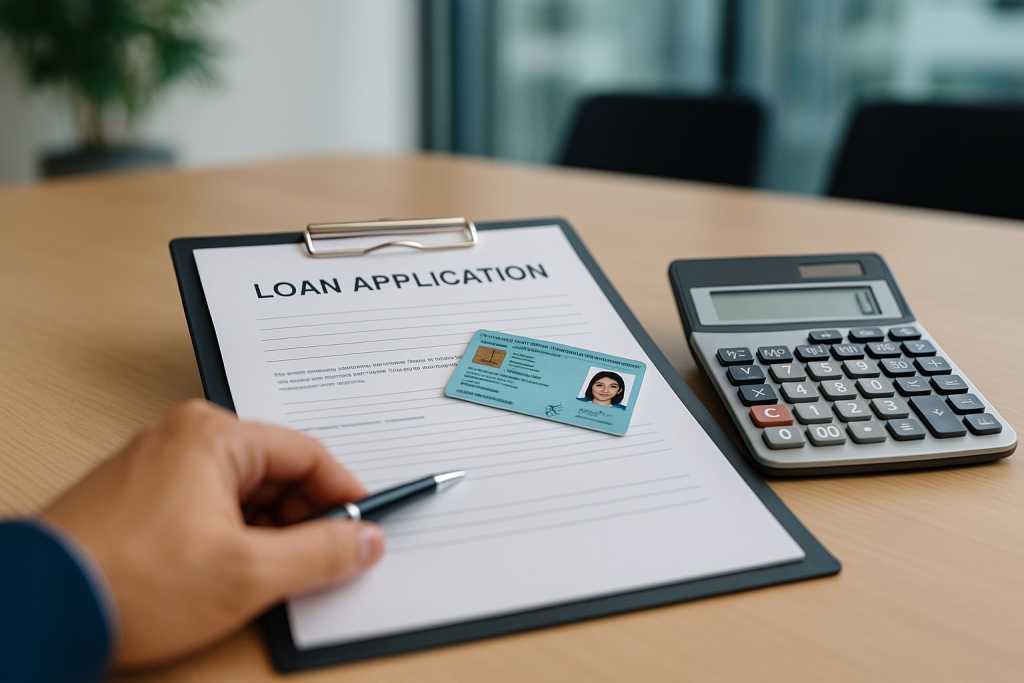 Formulario de solicitud de préstamo con una calculadora y un documento de identidad peruano sobre un escritorio, representando la evaluación crediticia en Perú.