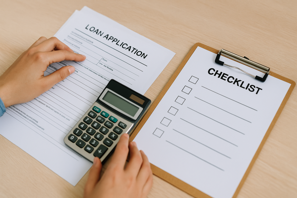 Primer plano de una persona organizando los documentos clave para la solicitud de un préstamo en un escritorio, con una calculadora y una lista de verificación sencilla en un portapapeles, representando los pasos y ratios a revisar antes de solicitar un préstamo.