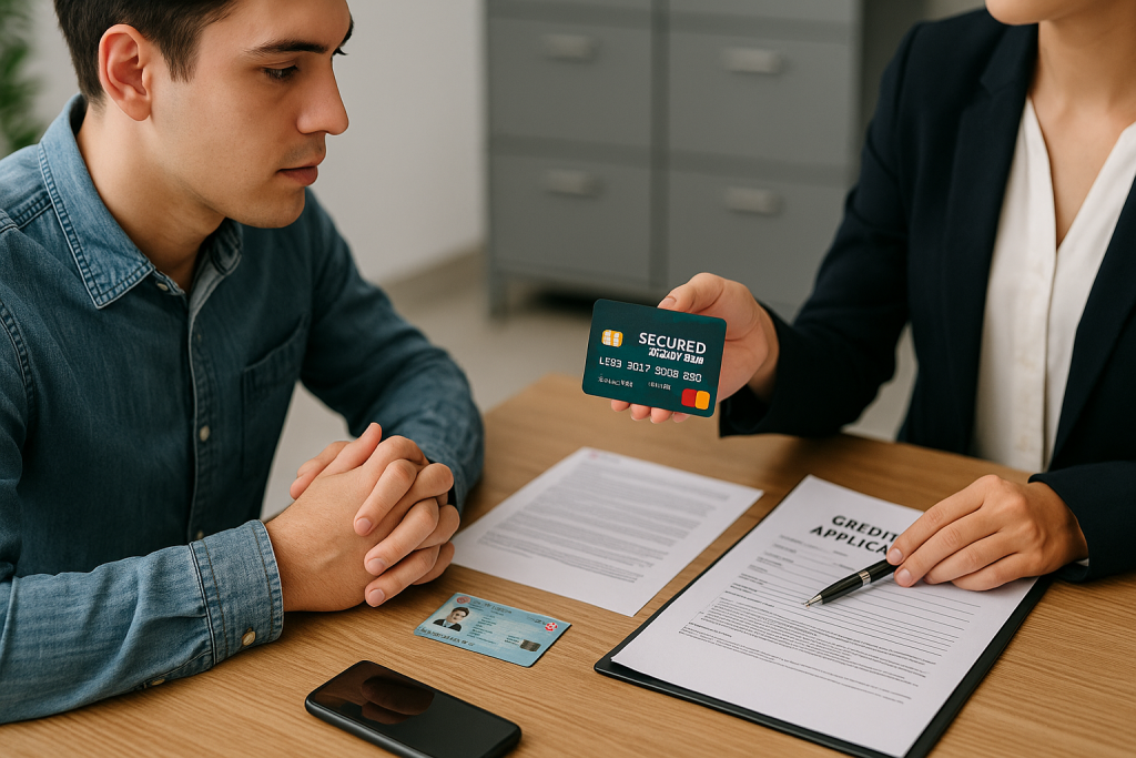 Joven solicitando su primera tarjeta de crédito en una mesa de atención del banco, con documentos, DNI y una tarjeta de crédito garantizada visibles, simbolizando cómo construir historial crediticio desde cero con cuentas y tarjetas garantizadas.