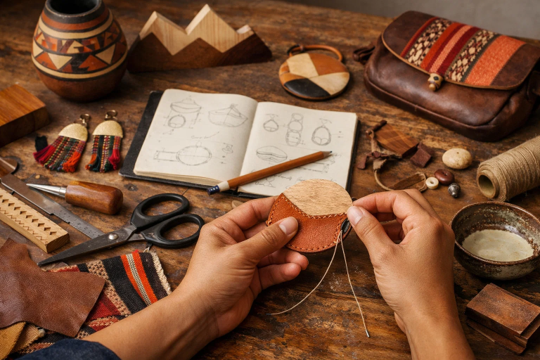 Mesa de taller en Perú con manos trabajando cuero y madera, herramientas simples, libretas de bocetos y piezas de diseño independiente terminadas